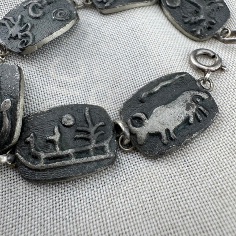 Vintage Panel Bracelet Petroglyph Animal Relief Story Link Bracelet 6.75"